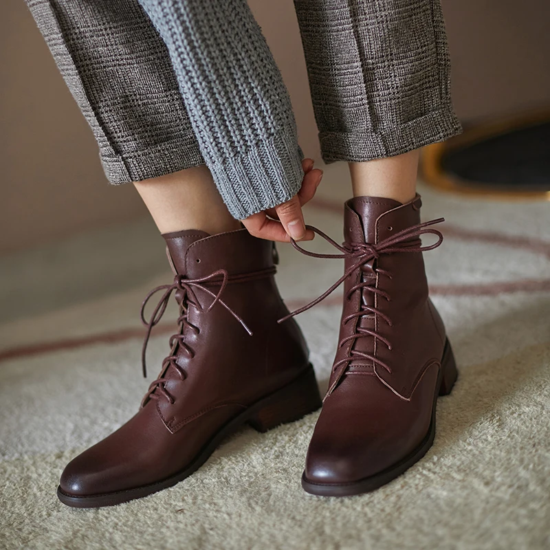 

2021 New Ankle Boots Women Round Toe Thick Heel Genuine Leather Shoes High Quality Shoes Footwear Size 33-42