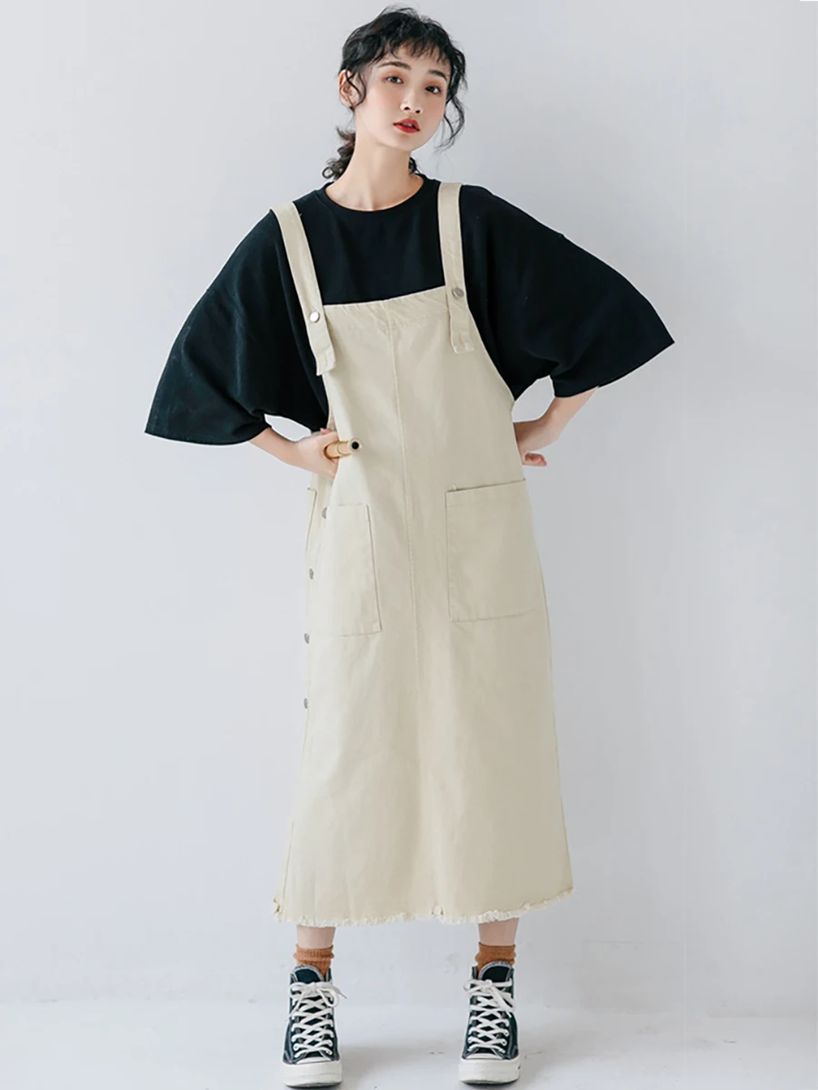 

Korean Student Harajuku Denim Dresses Preppy Style Shoulder Strap Solid Color Pockets Straight Split Hem Loose Dress for Women