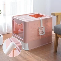 portable cat litter box with lid foldable cats litter tray with top entry pet toilet with scoop with large inside room