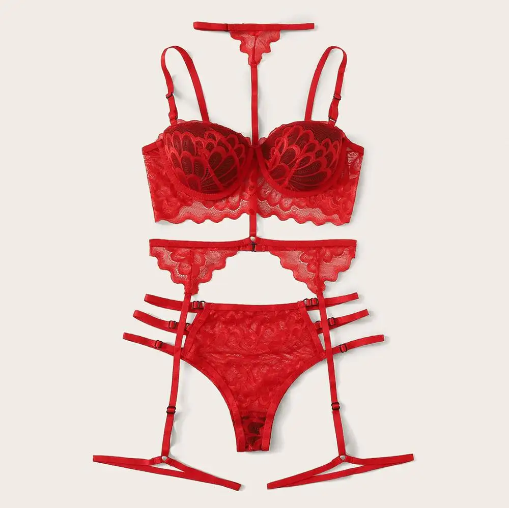 Комплект женского кружевного нижнего белья с цветочным узором и без косточек |