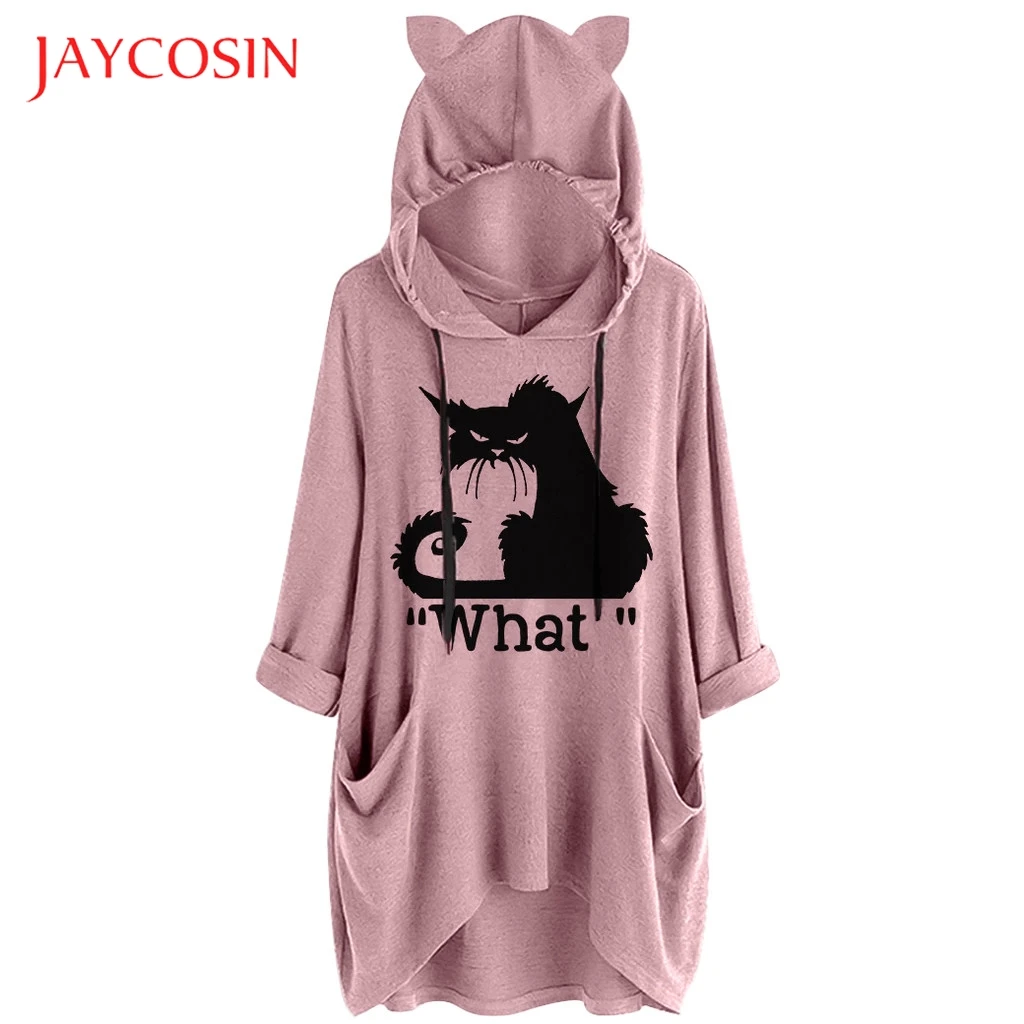 JAYCOSIN Kawaii одежда женские толстовки с длинным рукавом Повседневные с принтом кошачьими ушками и капюшоном с длинными рукавами карман Топ Femme рубашка дропшиппинг