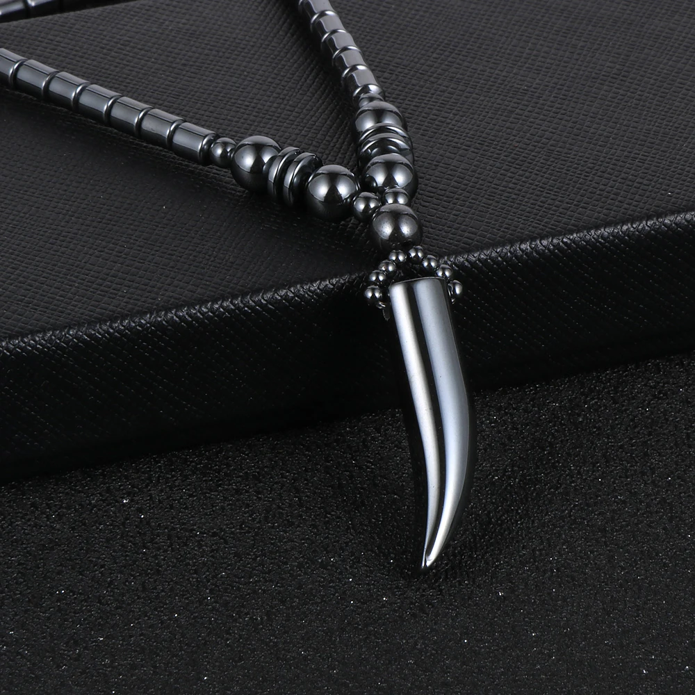 

Punk Rock Black Hematite Horn Tooth Pendant Necklace Natural Stone Bead Viking Choker Necklace Men Women Jewelry