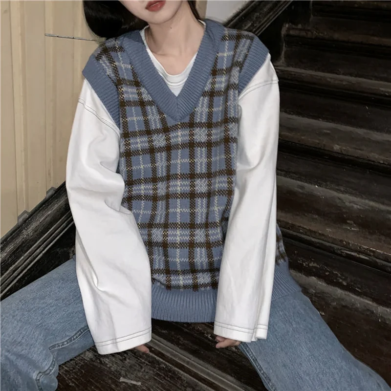 Женский винтажный клетчатый жилет в стиле Харадзюку стильная уличная одежда