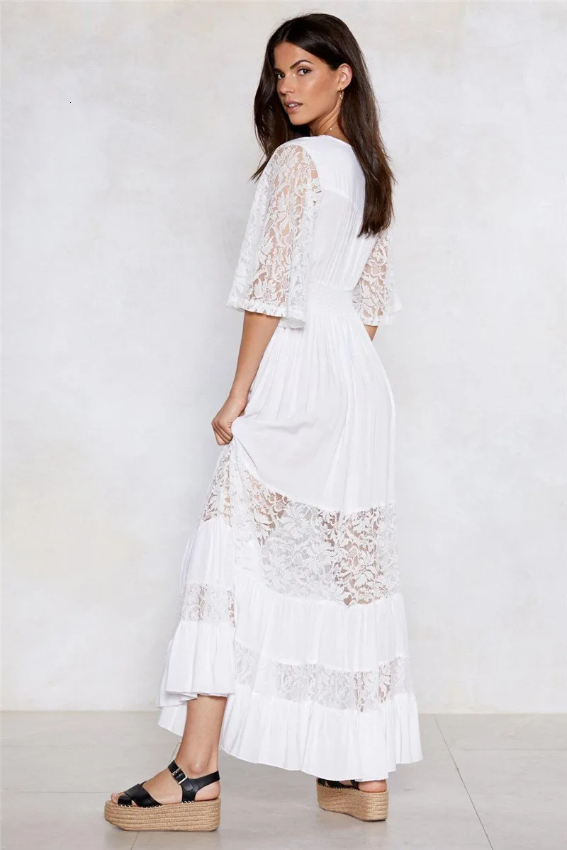 

Elegant Lace Patchwork Cotton Long Beach Dress High Waist Tunic Bikini Cover-ups Half Sleeve White V-Neck Swim Wear Plage Robe