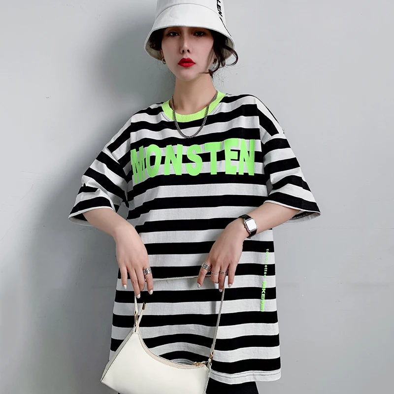 

new female Stripe printing t shirt short sleeve summer loose mid-length clothes Harajuku woman t shirt 2021 oversized t shirt