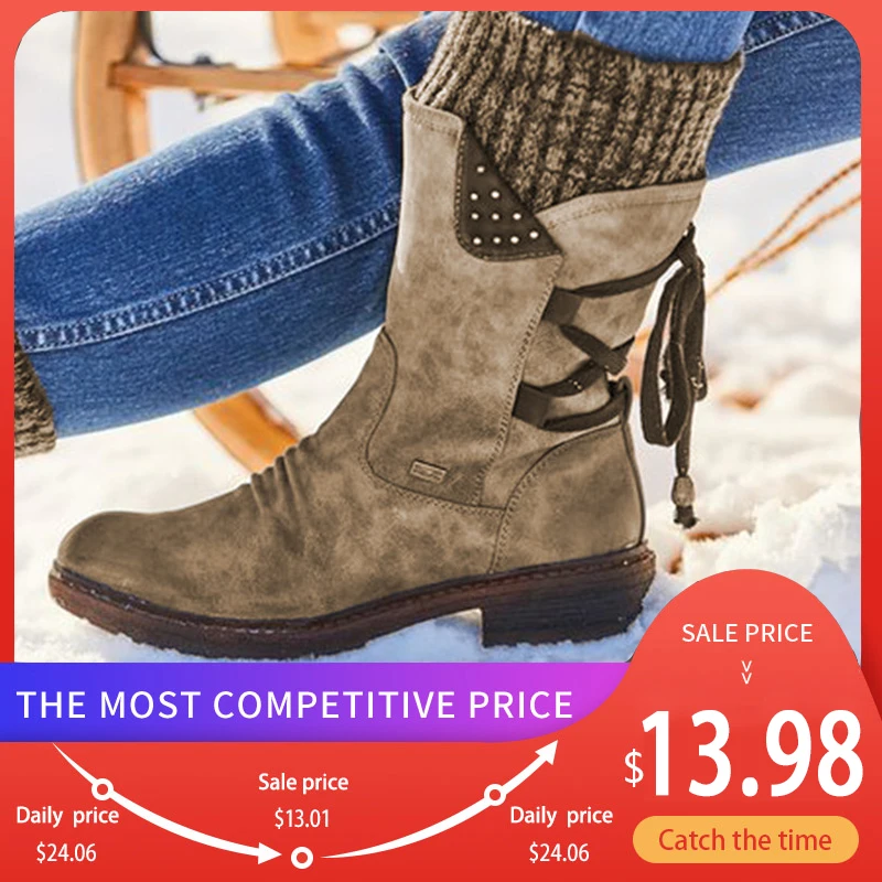 

Ladies Fashion Autumn Winter Women Boots Mid Calf Shoes Warm Snow Boots Cowboy Style Knee High Botas Plus Size 35-43