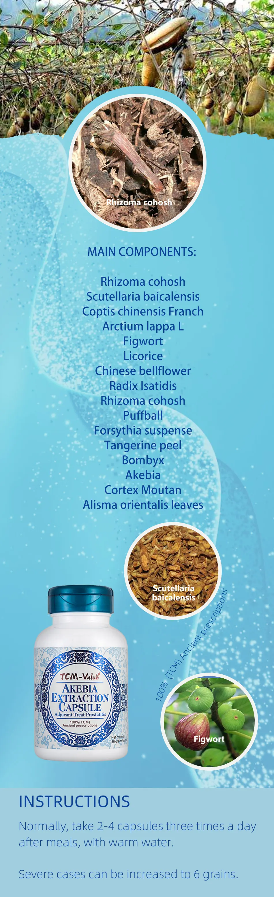TCM-Value Akebia экстракционная капсула, Adjuvant лечение простатита, лечение отклонений мочевой системы, лечение сексуальной дисфункции 50 шт