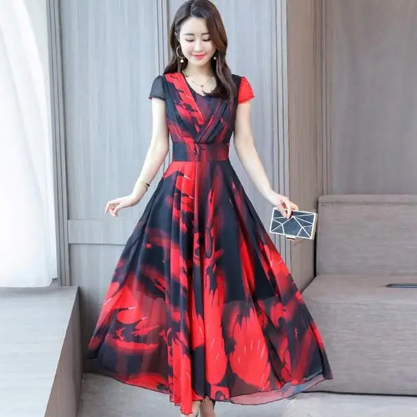 Женское шифоновое платье с цветочным принтом красное или желтое длинное широкой