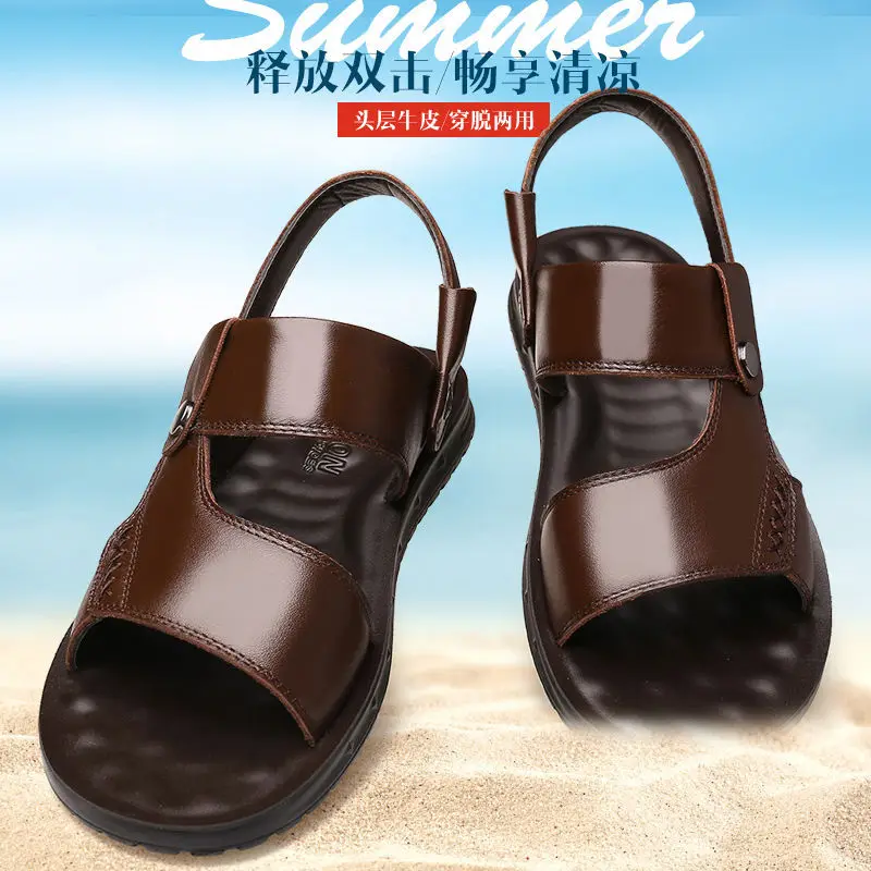 Summer Men Sandals Genuine Leather Shoes Beach Flat Cow Male Black Sandal 567y | Обувь