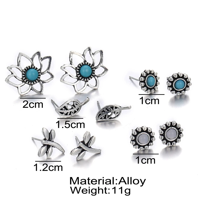 

Geometry Women's Vintage Earrings 5 Pairs/Set Rhinestone Flowers Sweet Fashion Women Retro Exquisite Stud Earrings Set