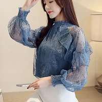 elegant blouses lace gauze ruffles shirt office lady commute pullovers hook flower hollow all match loose vintage women clothing
