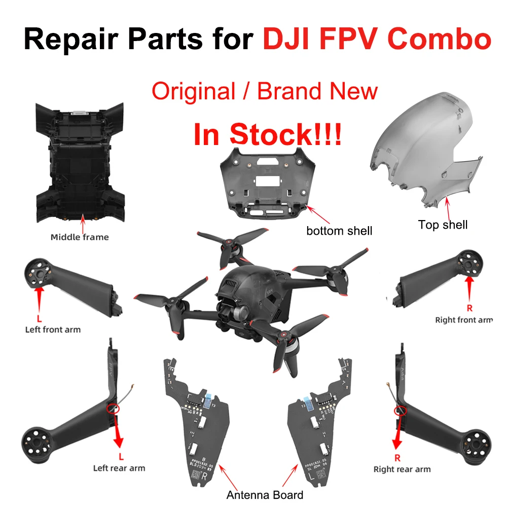 Original Drone Arm for DJI FPV Combo Drone Front Back Right Left Arm /Middle/Bottom/Top Shell Repair Replacement Parts Accessory