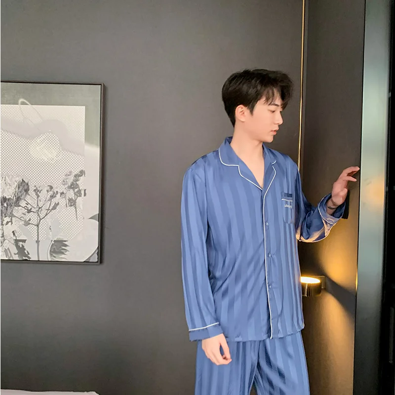 

women's pajama set, blue stripe, luxurious pajamas similar to silk, suitable for families and men