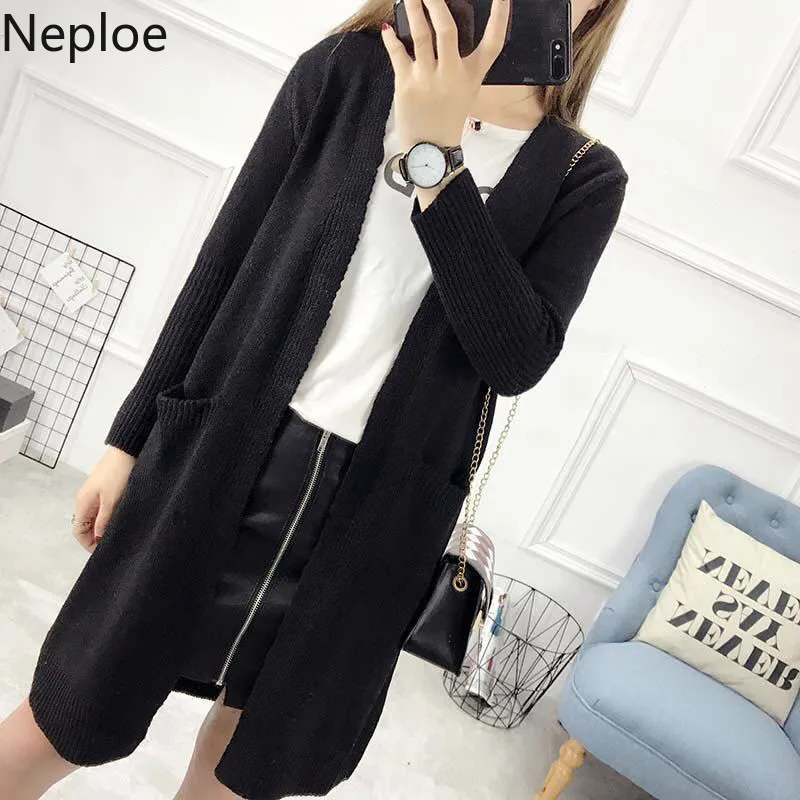 Neploe V Neck Long Knit Cardigans Femme Korean Loose Solid Sweater Women Autumn Winter New Sleeve Slim Pull 46320 |