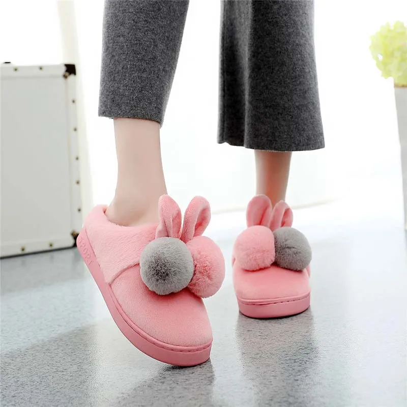 Сезон осень зима женская домашняя обувь из хлопка с мехом кролика теплая