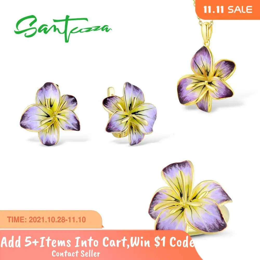 

SANTUZZA Jewelry Set for Women 925 Sterling Silver Blooming Flower Pendant Earrings Ring Set Party Fine Jewelry Handmade Enamel
