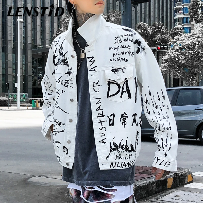 LENSTID Осень Harajuku Хип Хоп масляная краска Граффити Печатный джинсовый бомбер