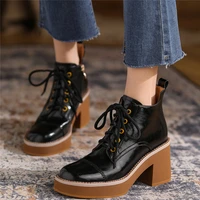lace up round toe ankle boots women genuine leather high heel motorcycle boots female mid top platform pumps shoes casual shoes