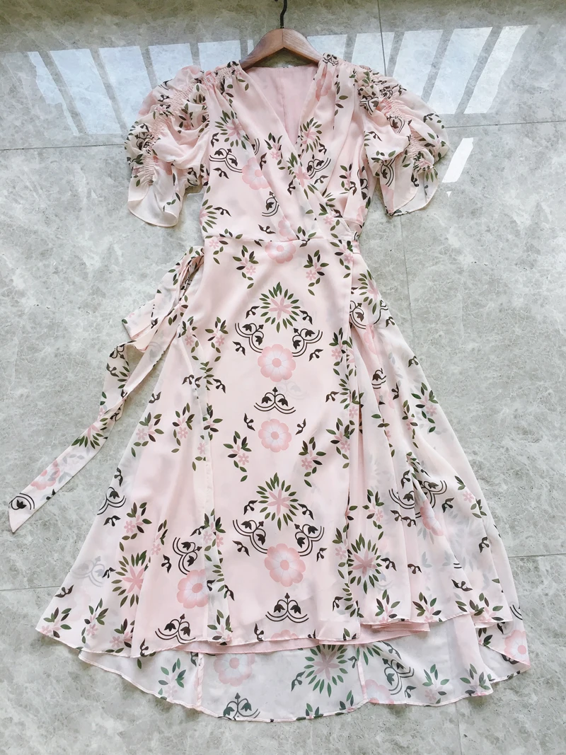 2021 spring and summer new women's floral mid-length dress fashion casual V-neck lantern sleeve Pink printing Evening dress