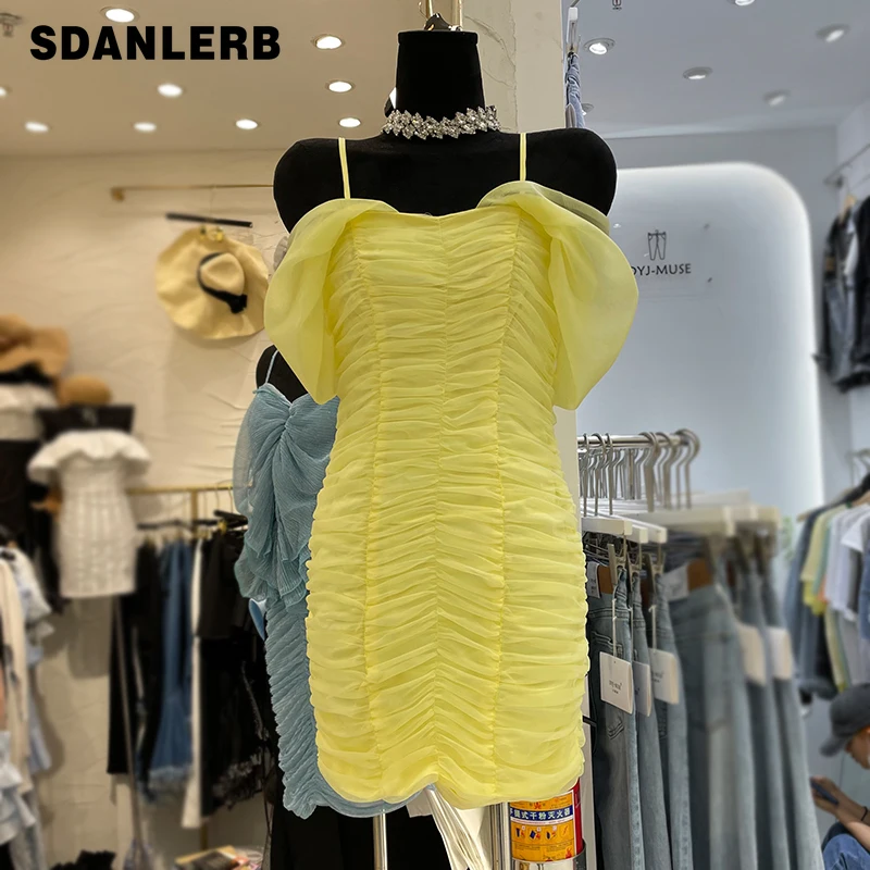 

Fashion Organza Pleated Dress Women's 2021 Summer New Plain Strapless Sling Dress Office Lady Sheath Slim Short Sexy Dress