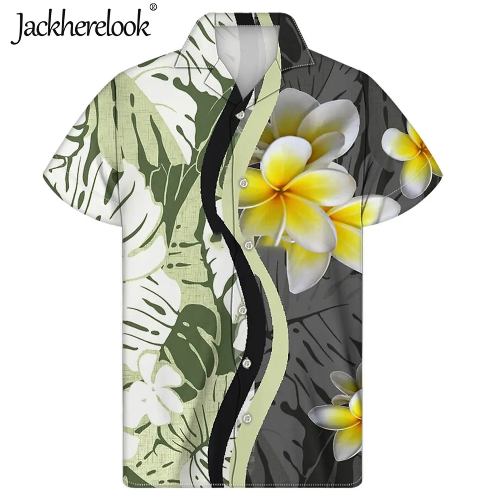 

Jackherelook Summer Loose Mens Hawaiian Shirt Tropical Hibiscus Plumeria Print Short Sleeve Clothing Casual Beach Tops Shirts