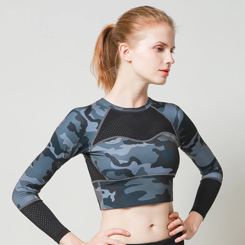 Camouflage green Women Seamless Long Sleeve Crop Top Yoga Athletic Gym Mesh Shirts Running Training Fitness Workout Top Quick Dry Active Shirts - Цвет: Camouflage green