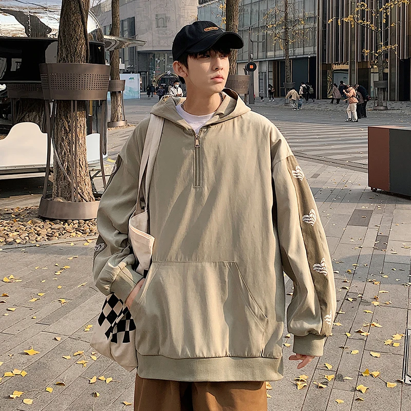 

Мужская винтажная толстовка с капюшоном, пуловер на молнии с передним карманом и контрастными боковыми полосками, одежда для улицы, новинка...