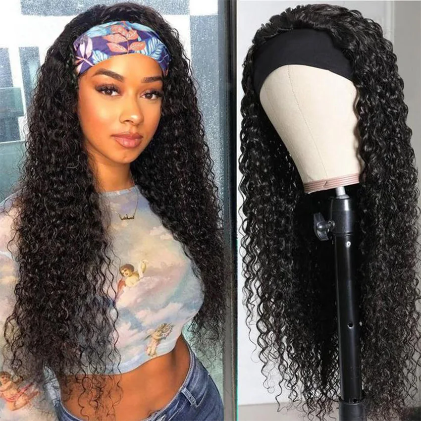 

Kinky Curly Headband Wigs Ombre Mongolian Human Hair Wigs For Black Women 150% Density Remy Curly Highlight Hair Scarf Wig