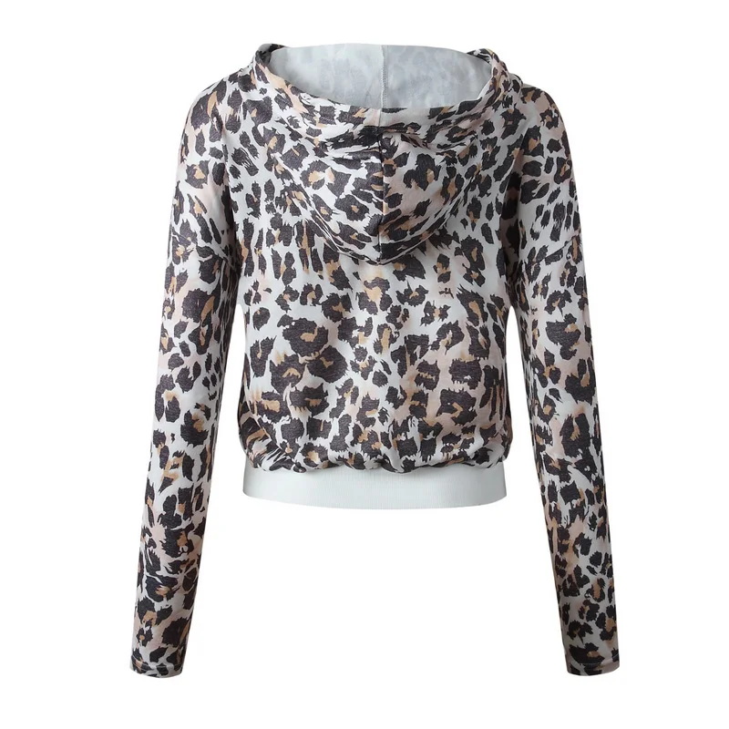 

Winter Hooded Outwear Women Short Leopard Sweatshirt Fashion Long Sleeve Drawstring Hooded Sweatshirt Warm Harajuku bluza damska