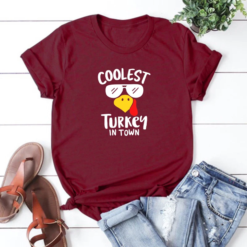 

Coolest Turkey In Town Shirt Thanksgiving Funny Thanksgiving Tshirt Thankful Hello Pumpkin Graphic Tees 100% Cotton M