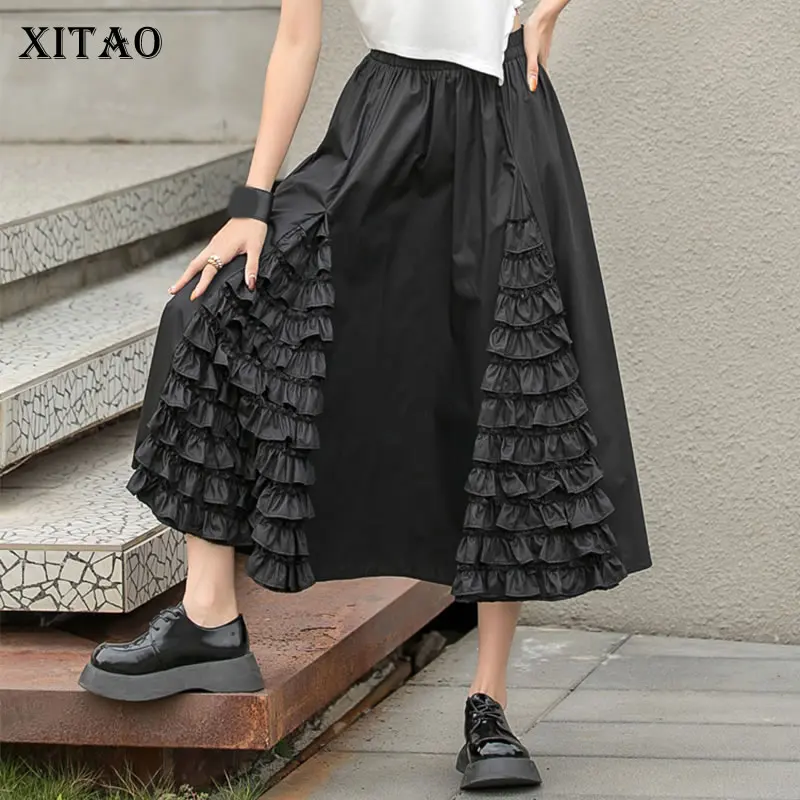 

XITAO/черная юбка с высокой талией, Лоскутная деревянная вышитая летняя плиссированная элегантная юбка с эластичной резинкой на талии, ld1015