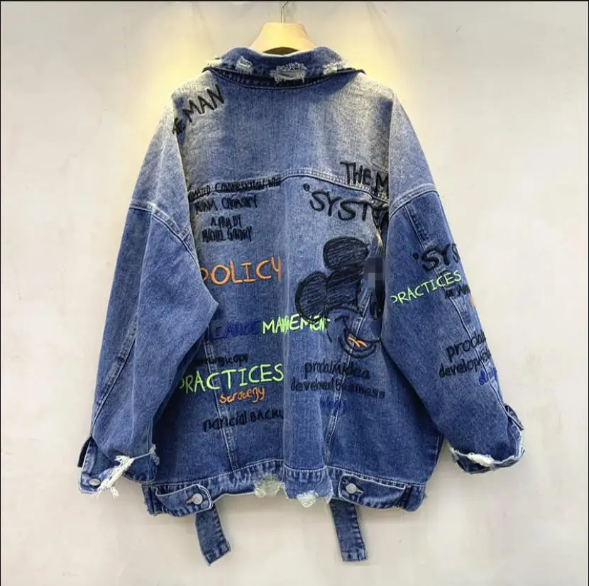 Новая модная Осенняя ВИНТАЖНАЯ ДЖИНСОВАЯ КУРТКА с вышитыми буквами свободная