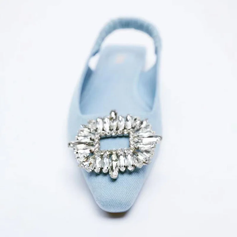 TRAF Flat Shoes Women Fashion Shiny Denim Slingback Shoes Rhinestone Buckle Pointed Toe Female Mules luxury Brand Woman Shoes