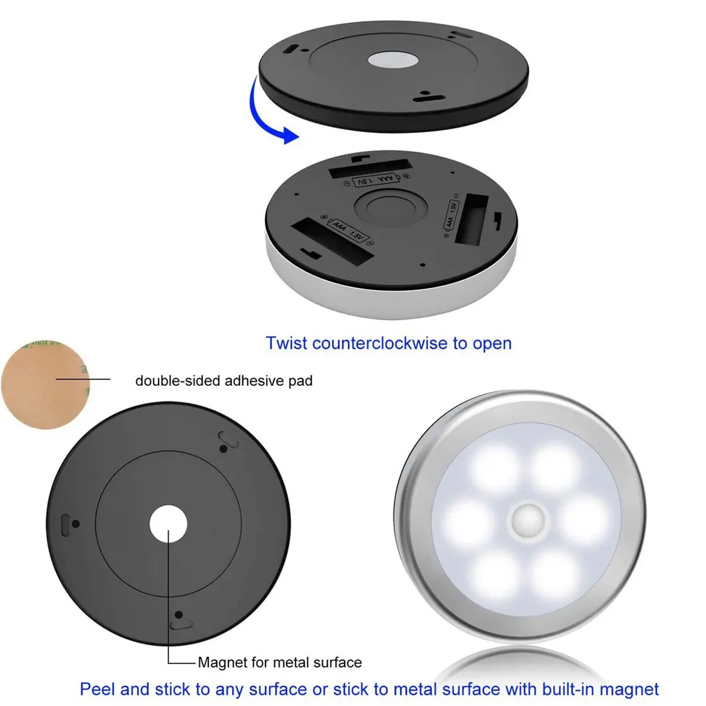 

3 pcs Round Sensor Light Night Creative Smart Home 8x8cm 6LED Sensor Cabinet Light For Kids
