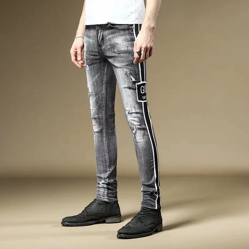 

Free Shipping New 2020 men's male Spring thin section ripped jeans slim pants Korean version of the trend boys trousers