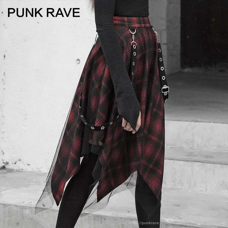 Панк рейв Женская нерегулярная клетчатая юбка металлическая петелька плечевой