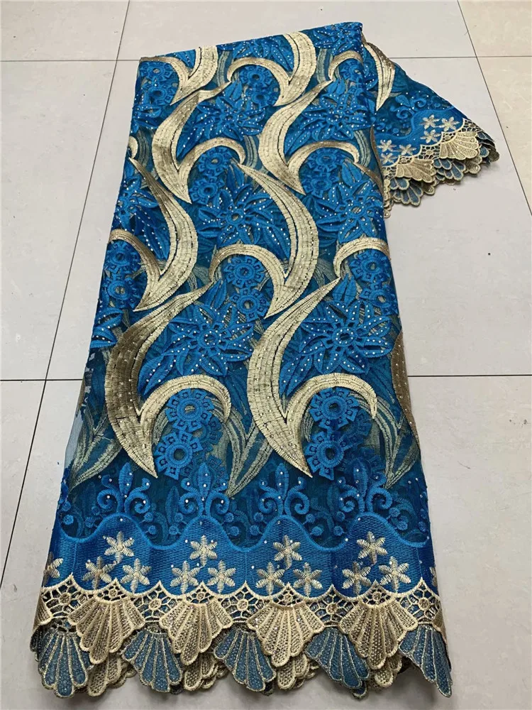 

High Quality blue 100% Cotton Embroidery Nigeria Dry Cotton Africa Voile Lace With Stone Lace Fabric For Party Dress FW1118
