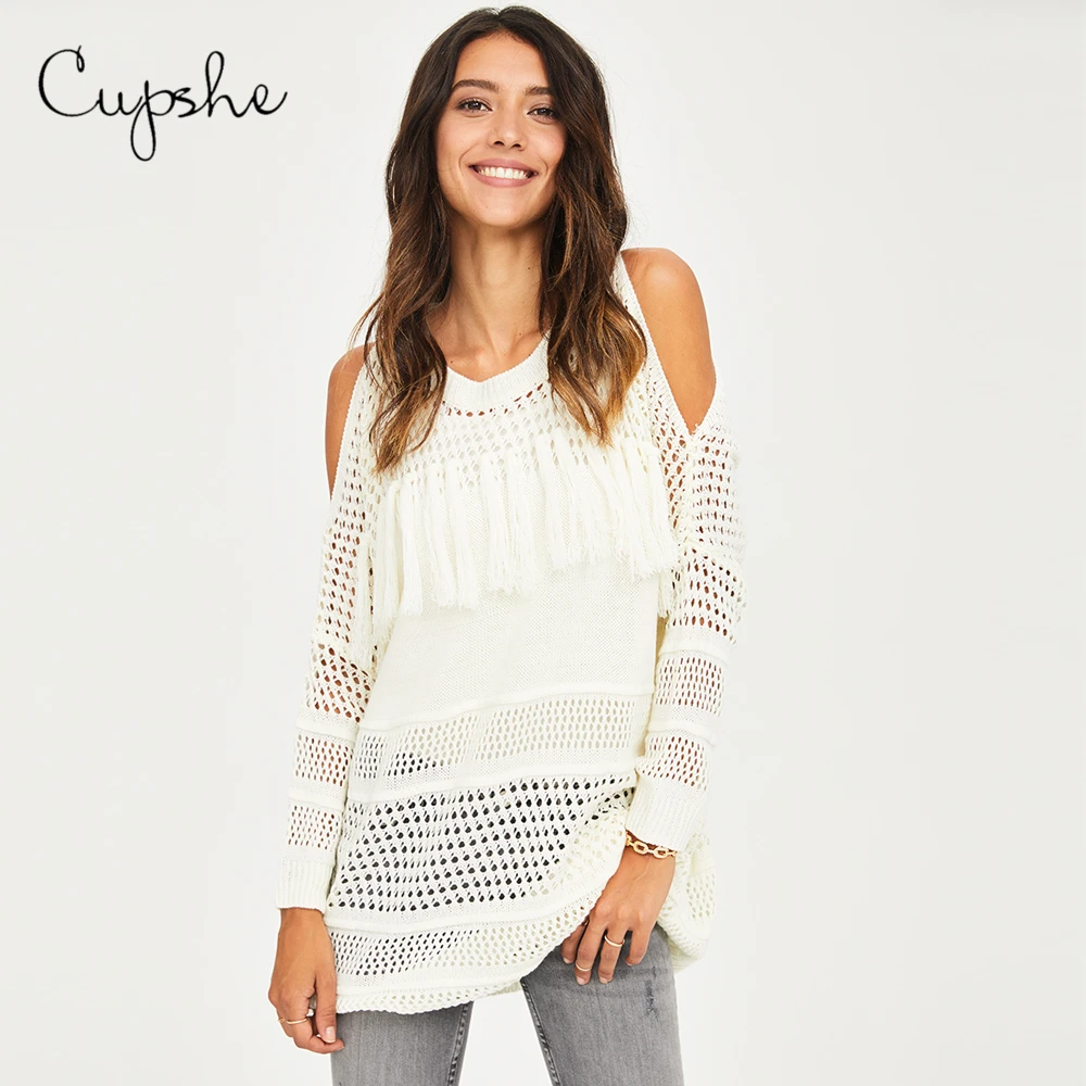 CUPSHE вязаный свитер с открытыми плечами туника бахромой женский сексуальный