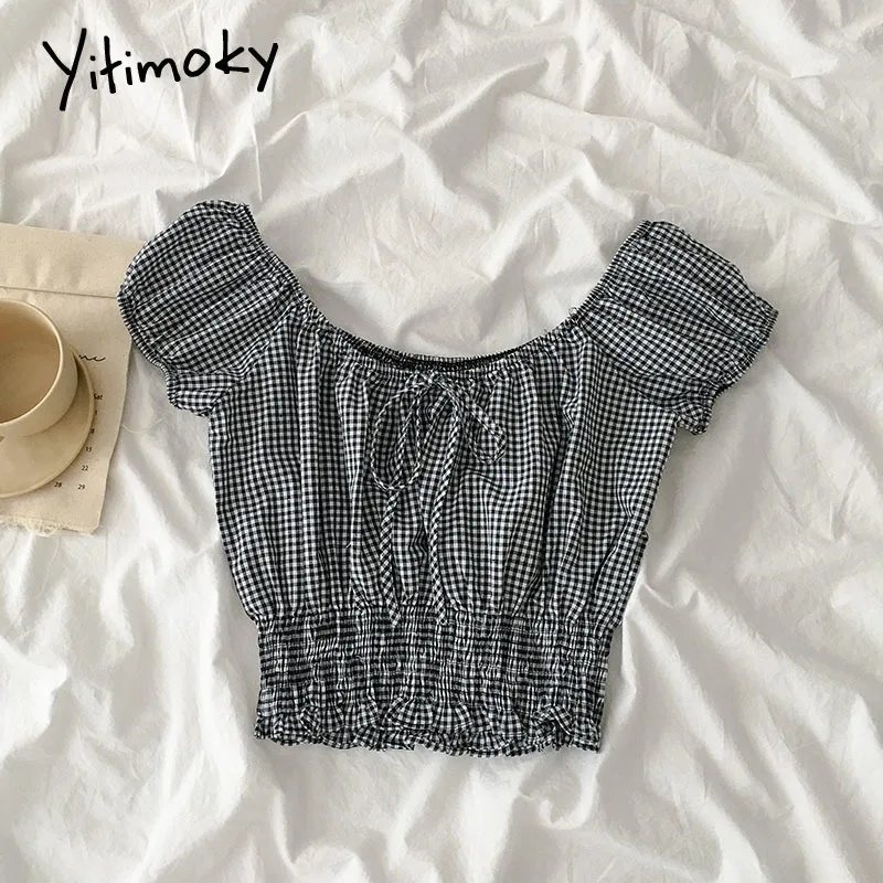 Женская клетчатая блузка Yitimoky белая черная короткая рубашка с оборками и
