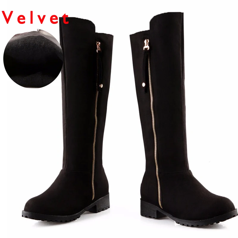 black velvet Haoshen/Обувь для девочек женские сапоги с плоским коленом, на молнии, зима-осень, высокие сапоги для верховой езды модная теплая обувь с Плюшевым Мехом Размер 10,5 - Цвет: black velvet