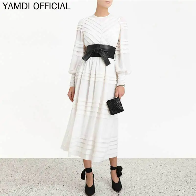 YAMDI женское платье с белым поясом, женское осеннее дизайнерское платье с длинным рукавом, подиумное женское платье, высокое качество, миди платье