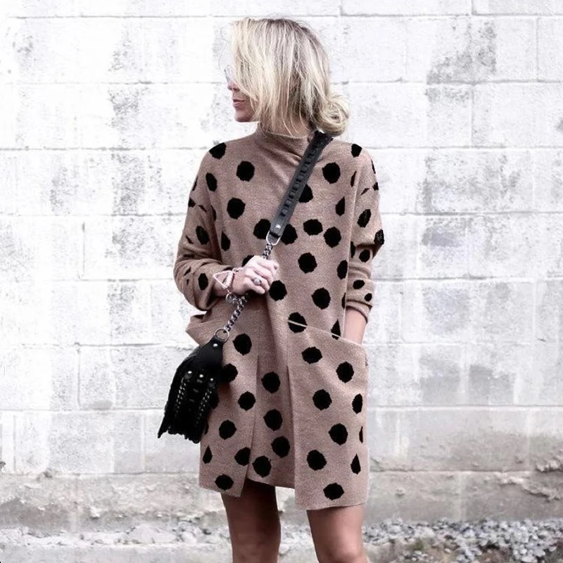 Осеннее теплое женское платье винтажный вязаный свитер в горошек мини