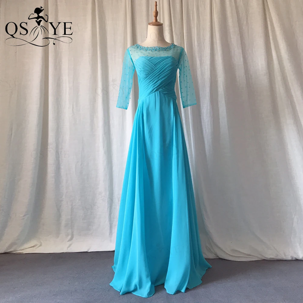 

Sky Blue Bridesmaid Dresses Sequin Beads Illusion Scoop Neck Evening Gown Ruched Crisscross Pleat Girl A line ChiffonParty Dress