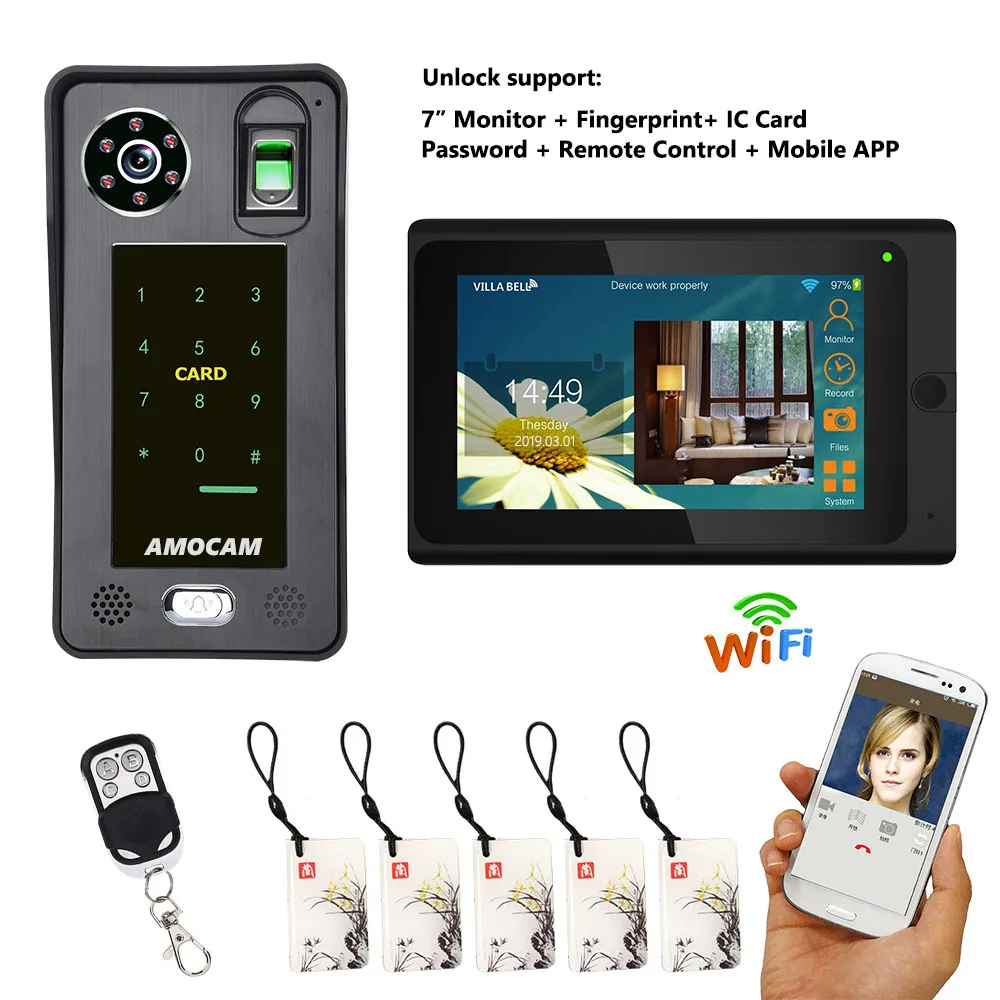 

7 inch Wired / Wireless Wifi Fingerprint RFIC Password Video Door Phone Doorbell Intercom 1000TVL Wired Camera APP unlock Record
