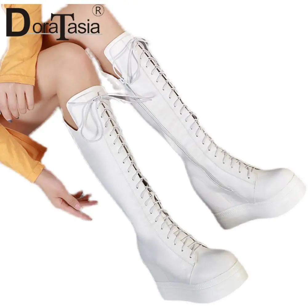 DORATASIA Brand Female Height Increasing Motorcycle Boots Fashion Zip Platform Knee High Boots Women Party Wedges Shoes Woman