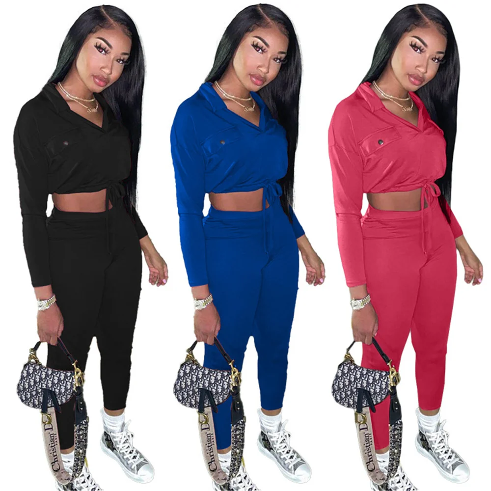 

Спортивный костюм, Модный повседневный топ с глубоким V-образным вырезом, отложным воротником, карманами, на шнуровке, спортивный однотонны...