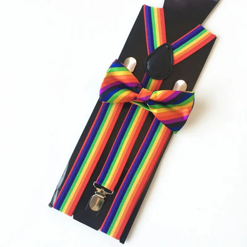 

Fashion Bow Tie Strap Clip Set Rainbow Striped Leading Knot Adult Unisex Bib Pants Replacement Straps Accessories XX9D