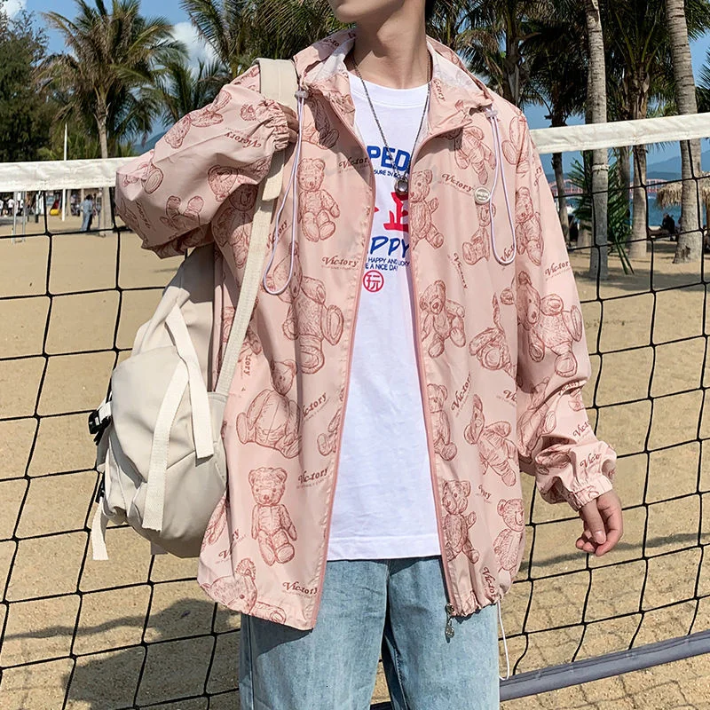 

Privathinker spring summer Men's jacket Bear Graphic Hooded Sunscreen Harajuku Oversized Man Jackets for men Coat Men's clothing