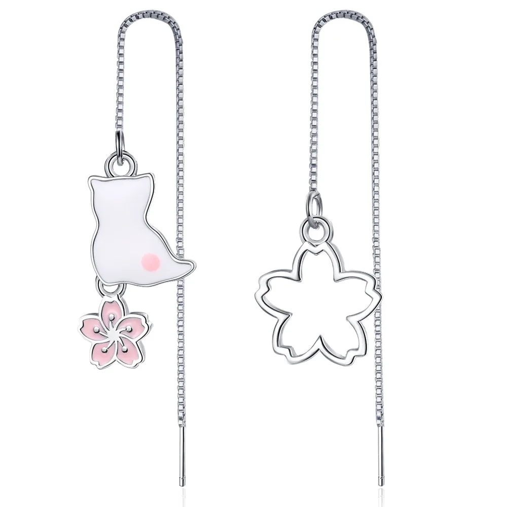 

Женские асимметричные серьги из серебра 925 пробы, с котом и цветком