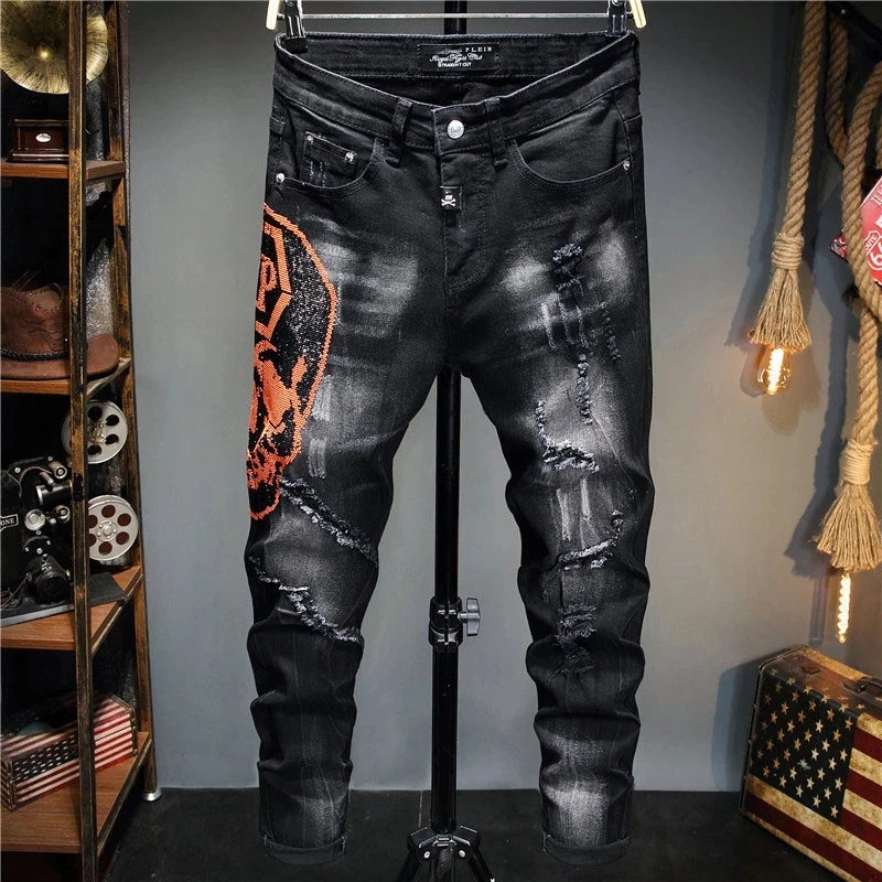 

European Style Men plein Brand Jeans Mens Slim Denim Trousers Black Jeans Straight Skulls Biker Hole Black Jeans Pants for Men